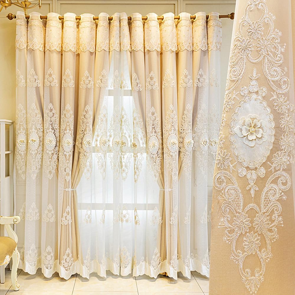 Amidoudou 1 Pair European Double Layer Curtains with Valance for Living Room Bedroom Luxury 3D Flower Embroidered Curtains (Yellow,51x96 Inch)