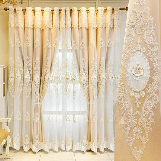 Amidoudou 1 Pair European Double Layer Curtains with Valance for Living Room Bedroom Luxury 3D Flower Embroidered Curtains (Yellow,51x96 Inch)