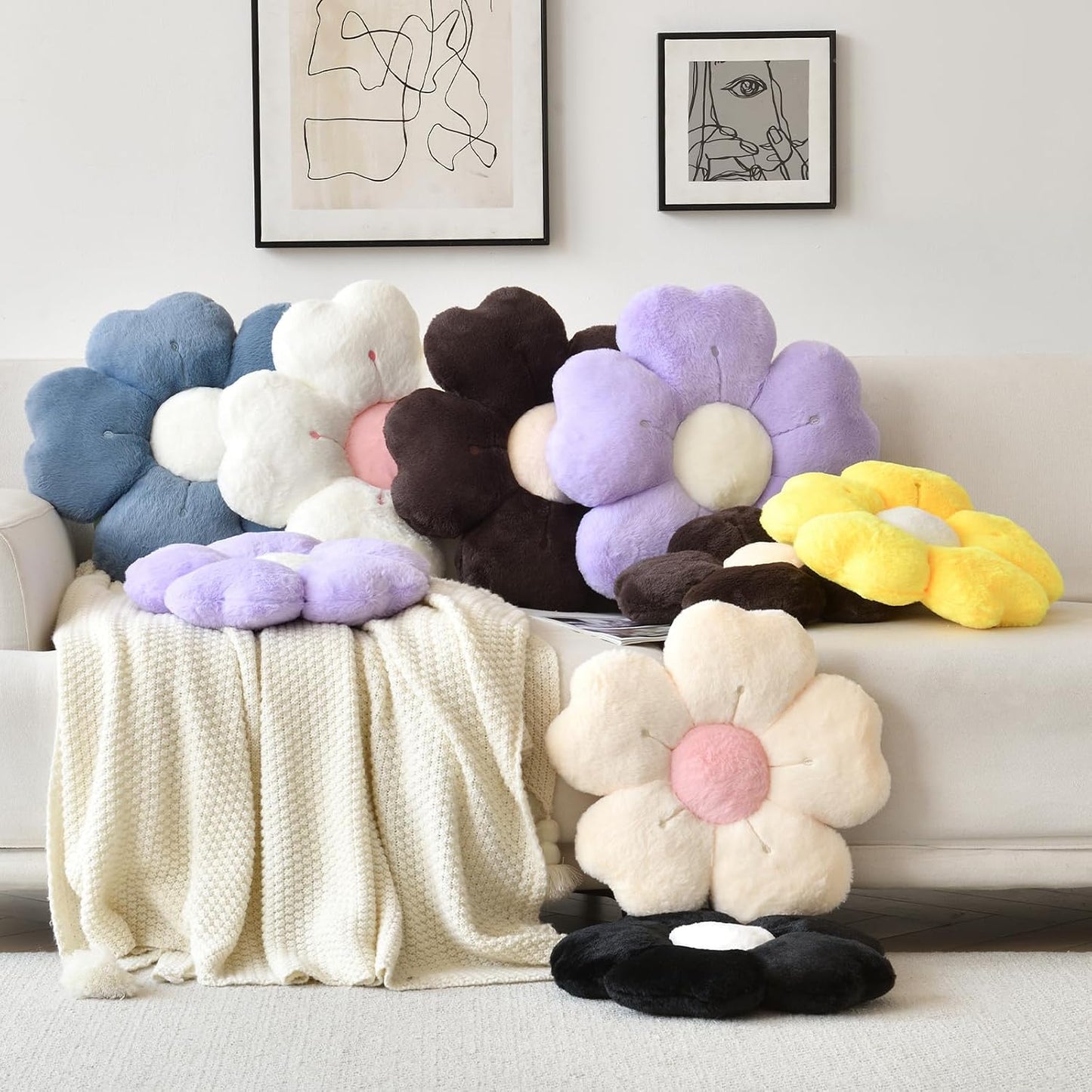 Flower Shaped Pillow, Cute Decorative Throw Pillows with Soft Artificial Rabbit Fur for Couch Bed Chair Floor, Christmas Pillow Seating Cushions with Room Décor for Bedroom (14.9 Inches, Yellow)