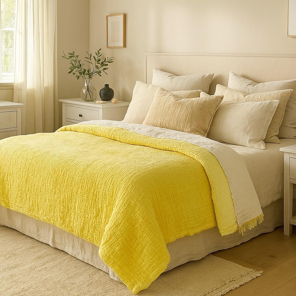 100% Cotton 4-Layer Muslin Blanket Anthracite – Soft Breathable Bedspread Coverlet Throw, Lightweight Gauze Pike Style, Pre-Washed, All Season Use for Bed Sofa (Lemon Yellow, 95x108 inc)
