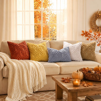 decorUhome Fall Throw Pillow Covers 18x18 Inch Set of 2, Soft Plush Faux Wool Mustard Yellow Solid Couch Pillow Covers, Accent Farmhouse Neutral Square Pillow Cases for Sofa Bed Living Room