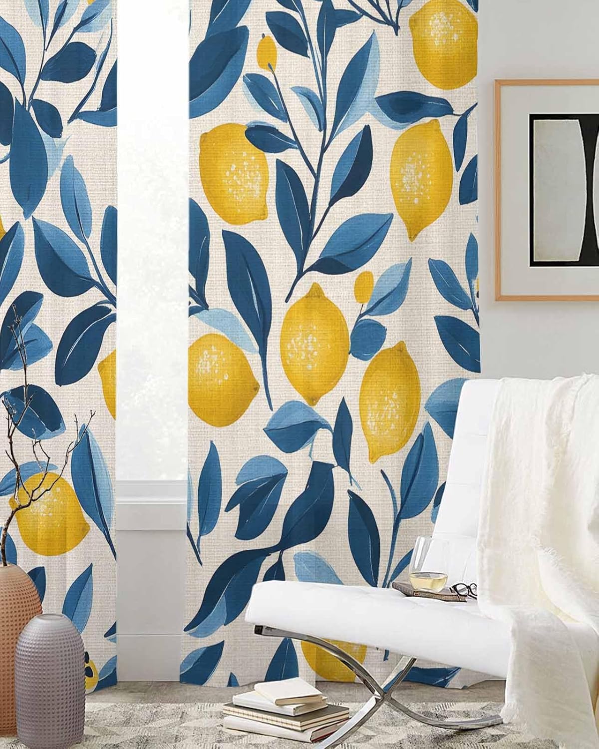 Lemon Sheer Curtains 63 Inch Length 2 Panels Set, Watercolor Yellow Blue Fruit Branch Flower Grommet Kitchen Curtains Sheer Window Curtain for Living Room Bedroom Light & Airy Privacy Drapes