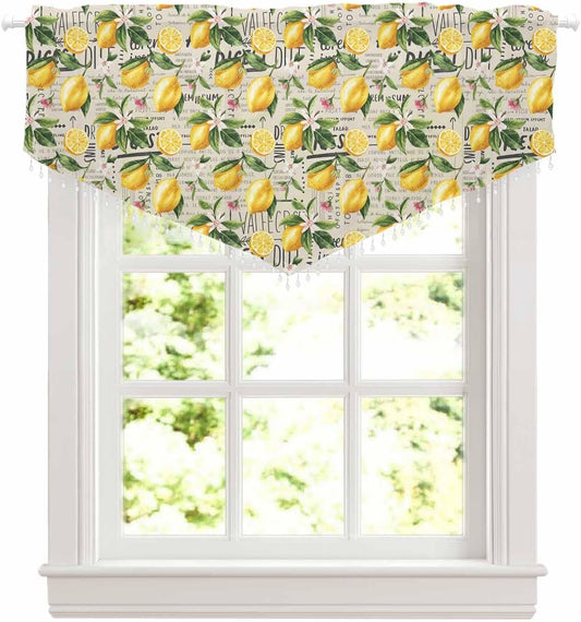 Beaded Sheer Valances for Windows, Summer Yellow Lemon Farmhouse Tassel Bead Trim Bedroom Valance, Beige Vintage Pastoral Watercolor Light Filtering Curtains Valances for Kitchen, 52"x24", 1 Panel
