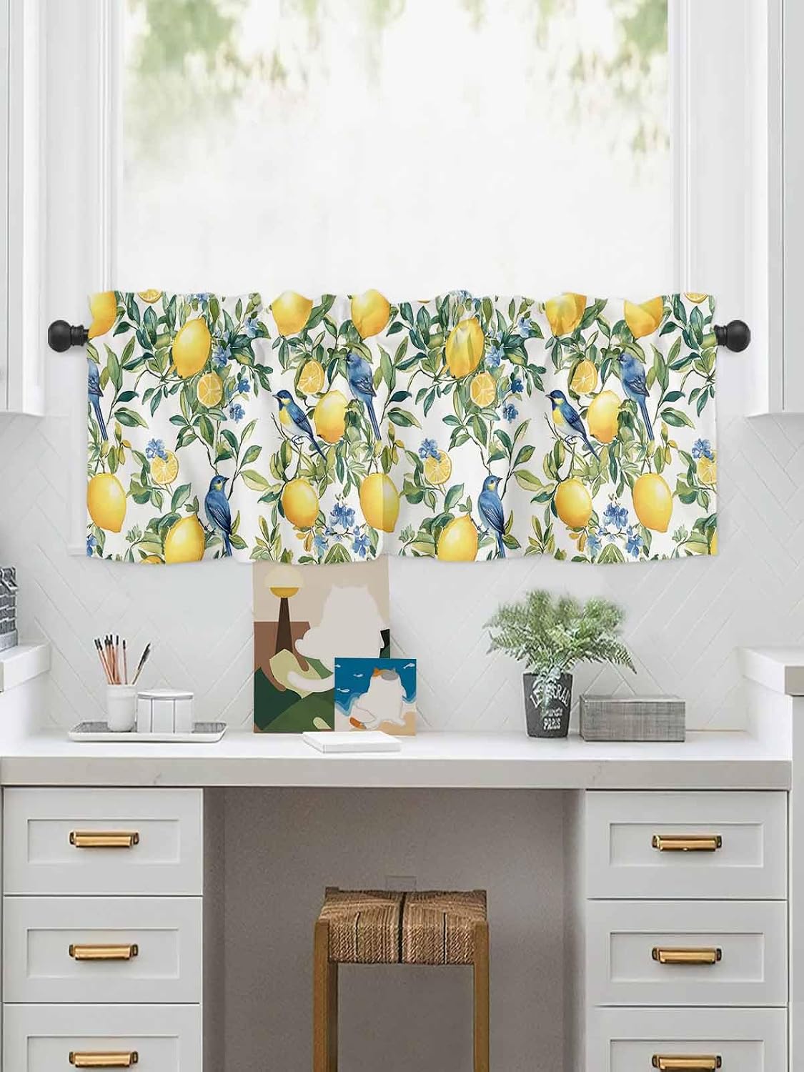 Chinoiserie Tropical Valances for Windows Yellow Lemon Blue Bird Pattern Kitchen Valance Curtains for Living Room/Bathroom Windows，Rod Pocket Cafe Curtain,1 Panel, 42" x12