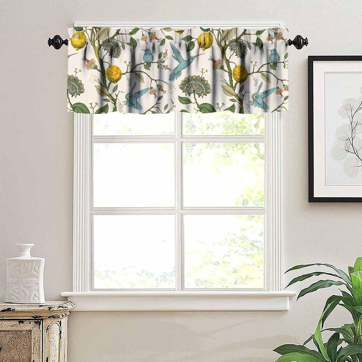 Retro Lemon Kitchen Valance, Summer Blue Birds Lemon Tree Nature Botanical Plants Flowers Hummingbird Spring Print Short Blackout Window Curtain for Cafe Restaurant, 54x18inch