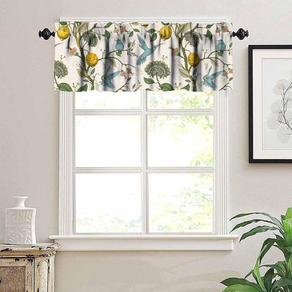 Retro Lemon Kitchen Valance, Summer Blue Birds Lemon Tree Nature Botanical Plants Flowers Hummingbird Spring Print Short Blackout Window Curtain for Cafe Restaurant, 54x18inch