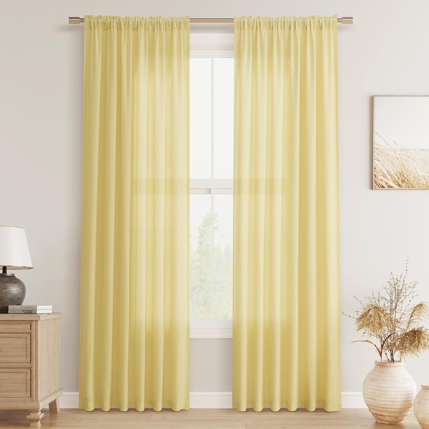 Guken Yellow Linen Curtains 84 Inch Length for Living Room Bedroom 2 Panels Set Rod Pocket Light Filtering Semi Sheer Window Curtains 52 Inch Width Boho Farmhouse Linen Drapes, W52xL84