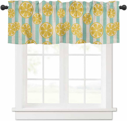 Valance for Windows Yellow Lemon Teal Stripes Linen Background Light Filtering Small Window Treatment Rod Pocket Short Curtain Valance for Kitchen Bathroom Living Room Bedroom 42x12in