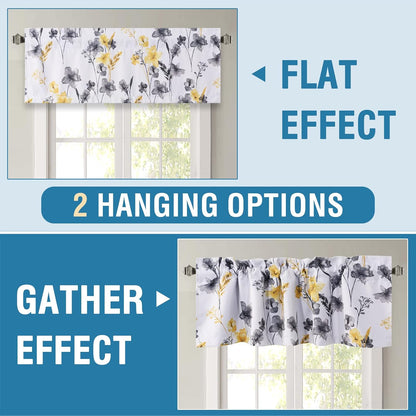 H.VERSAILTEX 100% Blackout Curtain Valances for Kitchen Windows 2 Panels Set Cattleya Floral Printed Leah Floral Thermal Insulated Rod Pocket Valances for Windows, 52" x 18", Grey/Yellow