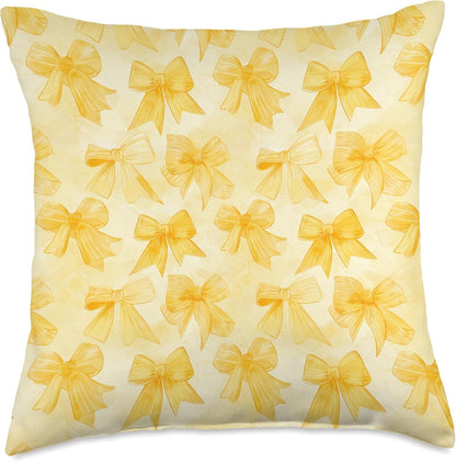 Yellow Ribbons and Bows in Watercolor Coquette Core Pattern Throw Pillow