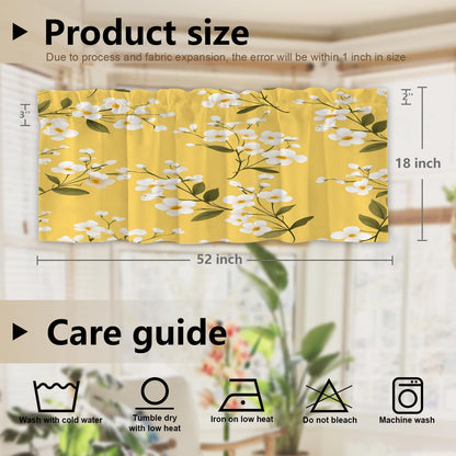 White Flowers On Yellow Blackout Kitchen Curtain, Floral with White Blooms Window Treatment Rod Pocket Light Filtering Bathroom Short Valance 2 Pack 52X18 Inches