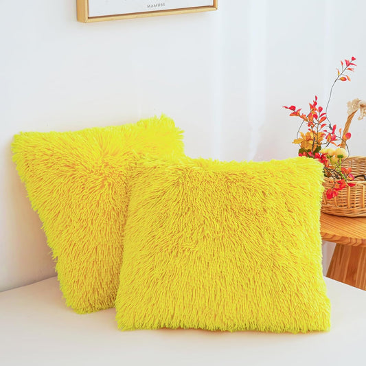 Besfunny Yellow Fuzzy Throw Pillow Covers 18"x18", Soft Decorative Fluffy Plush Yellow Pillow Cases, Furry Shaggy Faux Fur Cushion Covers for Sofa, Bed, and Living Room Decor, Set of 2 with Zipper