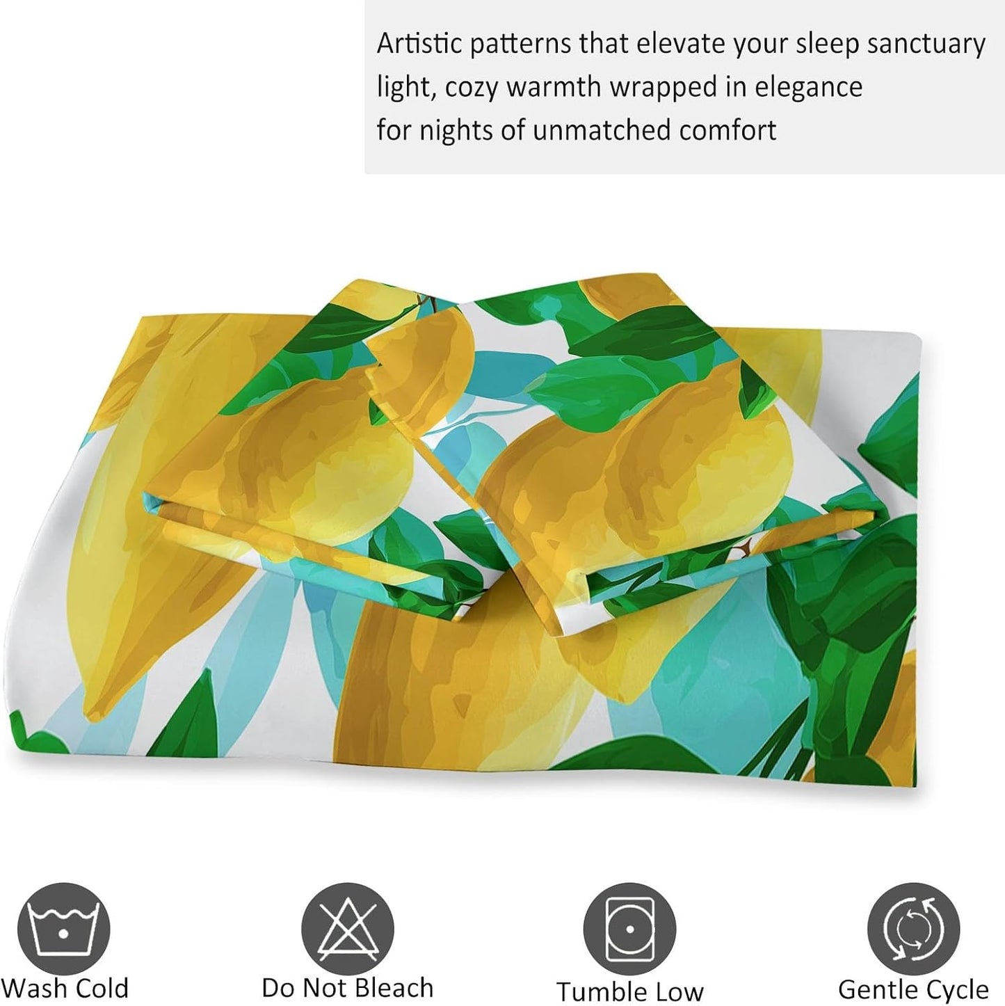 Kids Duvet Cover Set Cartoon Fruit Lemon Leaf Bedding Set for Boys Teens Adults, Yellow Comforter Cover Bedroom Collection 3Pcs Full Size (80 X 90 in)