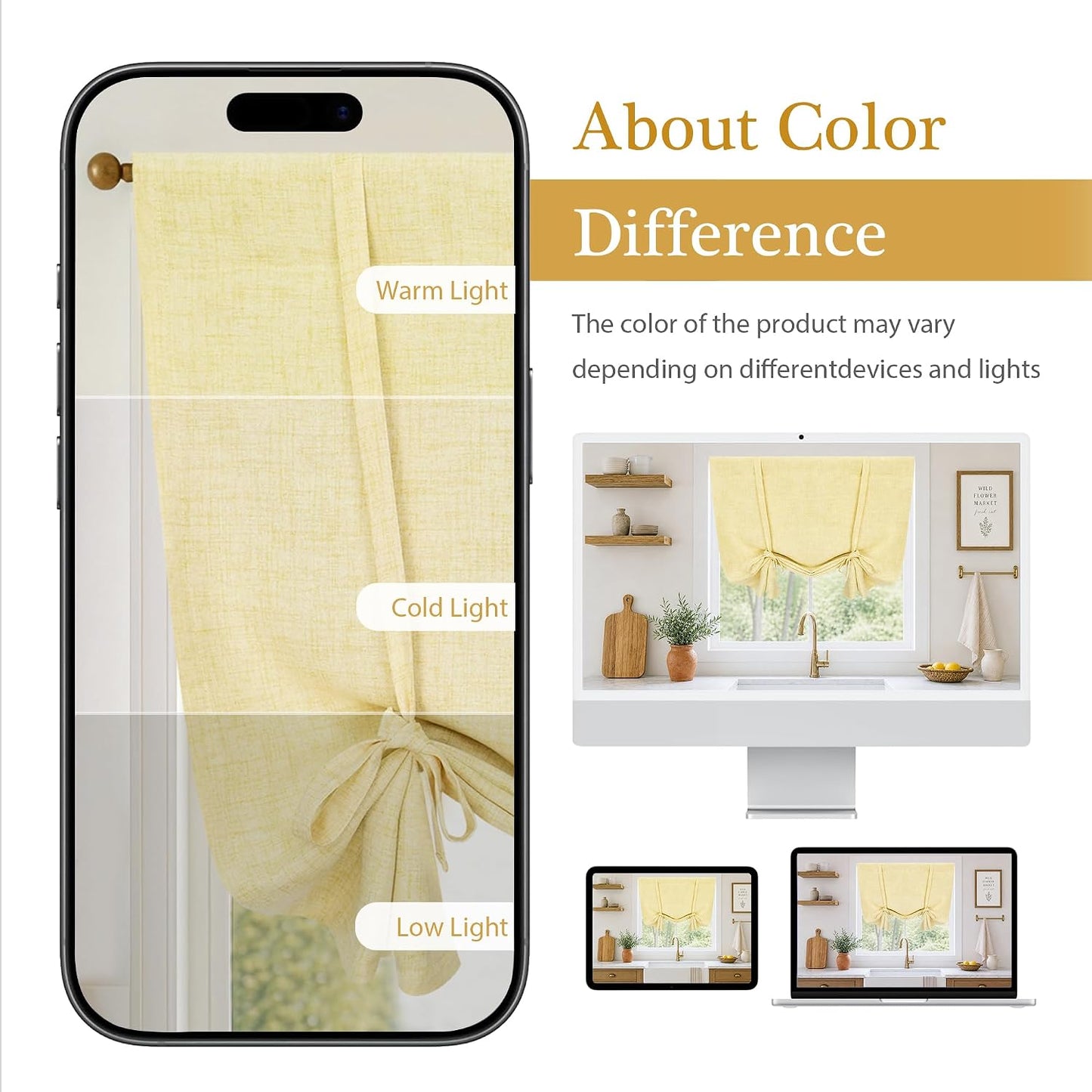 DriftAway Double Layer Linen Blackout Tie Up Curtains Thermal Insulated Fully Lined Balloon Roman Shade Bathroom Window Adjustable Rod Pocket for Small Window 31 Inch by 47 Inch Yellow