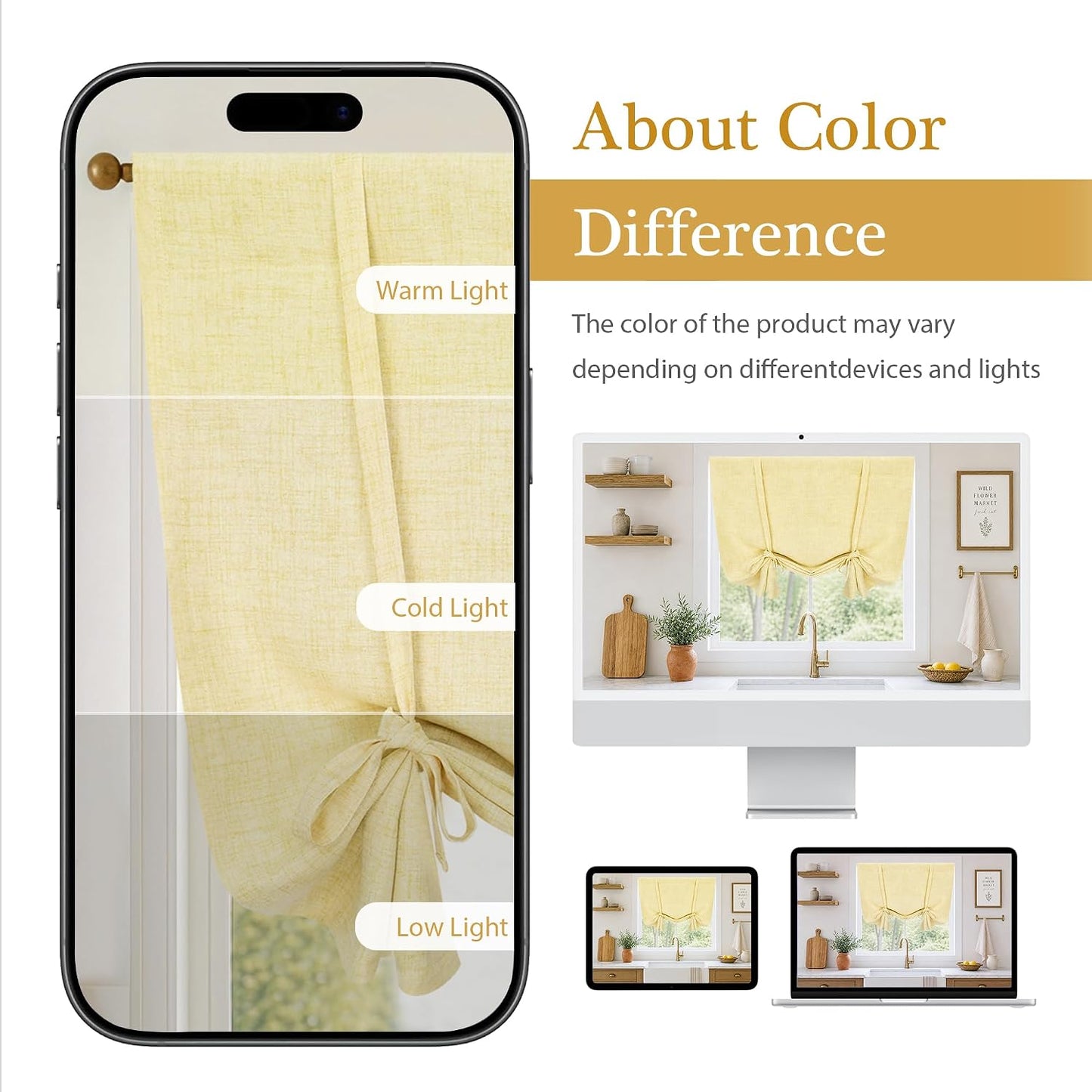 DriftAway Double Layer Linen Blackout Tie Up Curtains Thermal Insulated Fully Lined Balloon Roman Shade Bathroom Window Adjustable Rod Pocket for Small Window 25 Inch by 47 Inch Yellow