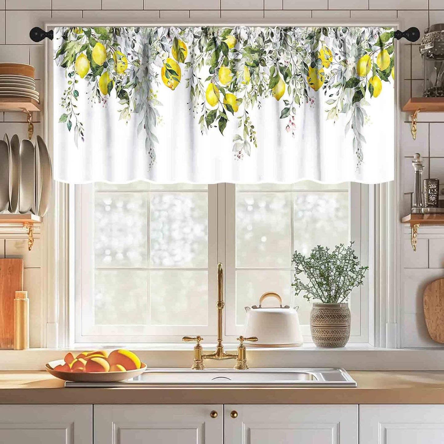 Yellow Lemon Curtains Valance for Kitchen,Eucalyptus Botanical Leaves Herb Plant Floral Fruit Rural Farmhouse Spring Summer Window Valance for Bedroom Living Room Bathroom 1 Piece,54x18 Inch