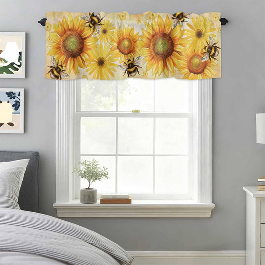 Spring Flower Valances for Windows, Watercolor Country Yellow Daisy Sunflower Floral Bee Linen Texture Kitchen Valance Light Filtering Rod Pocket Short Curtains for Kitchen Bathroom, 1 Panel , 56"x16"