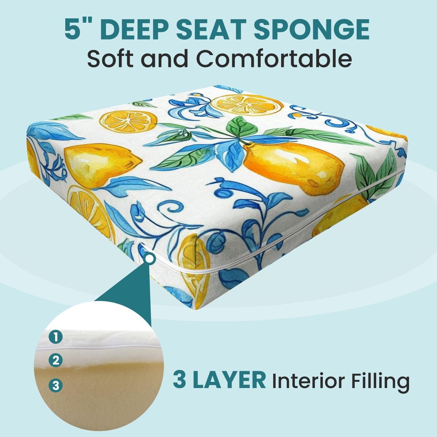 Outdoor Deep Seat Cushion Set Mediterranean Seamless Pattern Blue Majolica Tiles Yellow Lemons 24 x 24 Inch Fade Resistant Patio Furniture Cushions with Removable Cover for Chaise Lounge