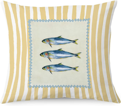 Sardine Fish Coastal Beach Pillow Cover 18x18, Beach House Decor, Trendy Fish Fishing Yellow Striped Decorative Throw Pillow Cover for Home Bedroom Living Room
