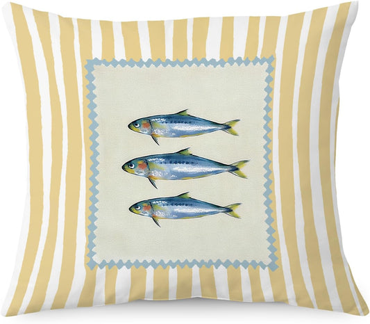 Sardine Fish Coastal Beach Pillow Cover 18x18, Beach House Decor, Trendy Fish Fishing Yellow Striped Decorative Throw Pillow Cover for Home Bedroom Living Room