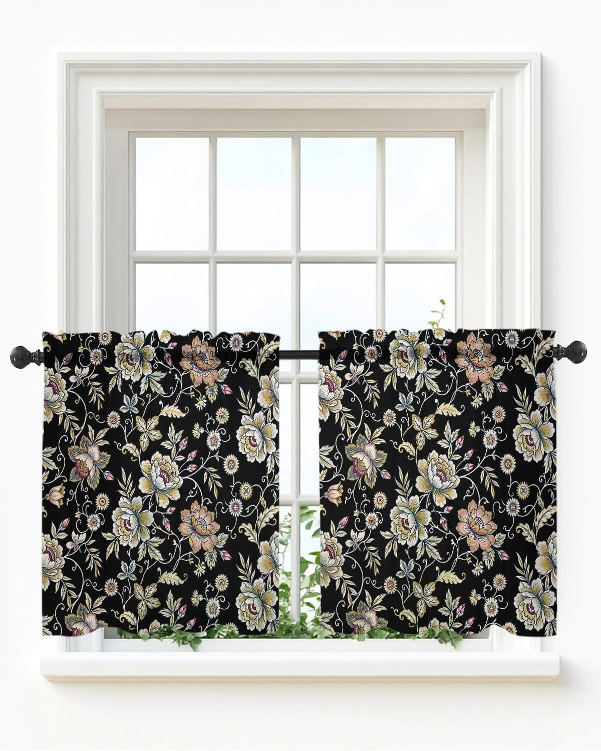 Damask Florals Sheer Curtains for Bedroom Living Room Window Tier Curtains 24 Inch Length,Garden Yellow Flowers Daisy Leaf Rustic Black Kitchen Curtains Small Half Window Drapes 27.5"x24" 2 Panels