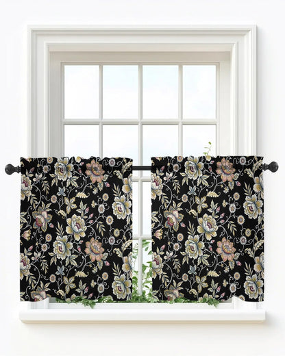 Damask Florals Sheer Curtains for Bedroom Living Room Window Tier Curtains 24 Inch Length,Garden Yellow Flowers Daisy Leaf Rustic Black Kitchen Curtains Small Half Window Drapes 27.5"x24" 2 Panels