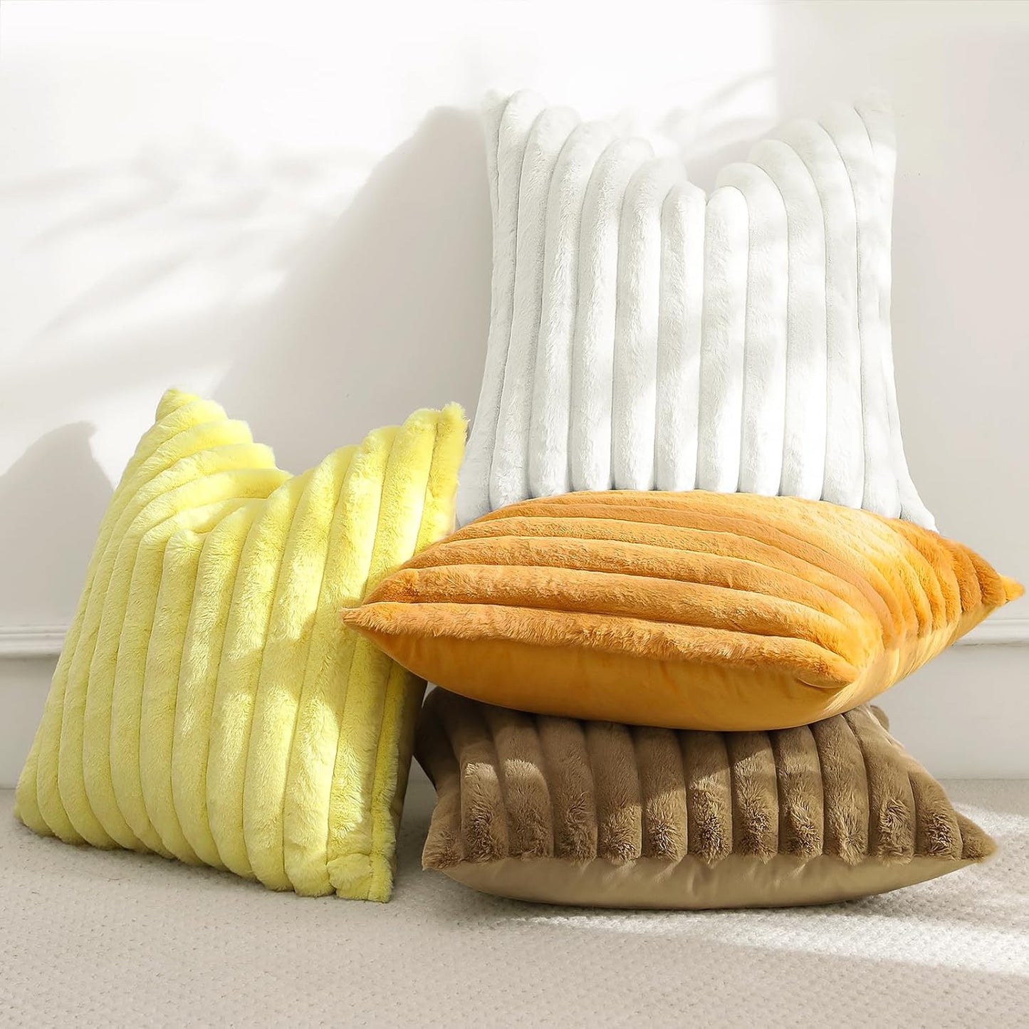 OTOSTAR Mustard Yellow Faux Rabbit Fur Decorative Throw Pillow Cover 20x20 Inch Soft Cozy Plush Striped Pillowcase Velvet Cushion Cover for Sofa Couch Bed Living Room