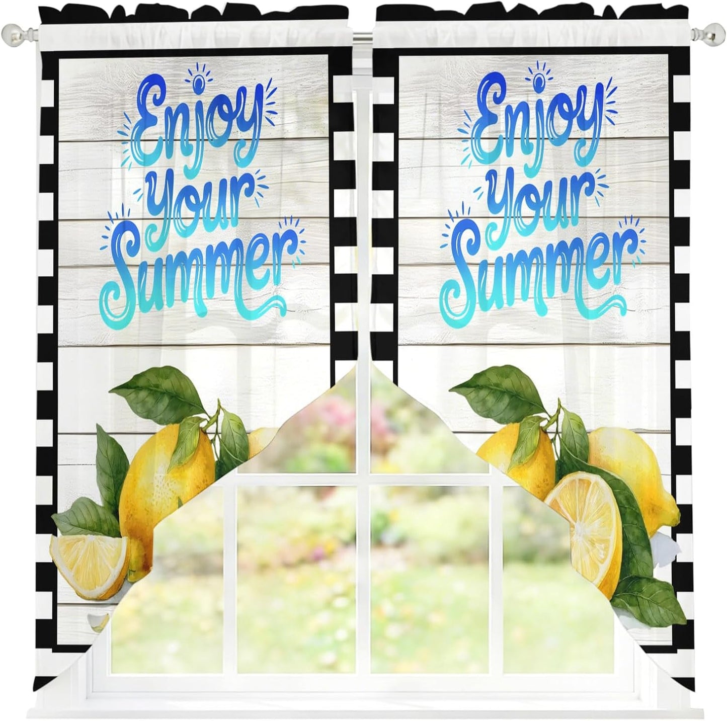 Yellow Lemon Swag Curtains 36 Inch Length 2 Panels Set,Summer Fruits Modern Minimalist Wooden Grain Semi-Sheer Curtain Drapes Rod Pocket Valance For Kitchen,Living Room,Bedroom,Cafe Window 56"Wx36"L