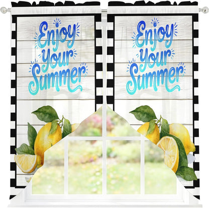 Yellow Lemon Swag Curtains 36 Inch Length 2 Panels Set,Summer Fruits Modern Minimalist Wooden Grain Semi-Sheer Curtain Drapes Rod Pocket Valance For Kitchen,Living Room,Bedroom,Cafe Window 56"Wx36"L