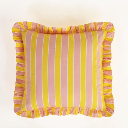 Hand Printed, Artisan-Made Neutral Accent Throw Cushion Cover- Thick Cotton Cushion for Sofa, Bed, Chair, Home Decor, Gifting, Spring Vibe, Boho- Stripe (2, Pink & Yellow, 20"X20")