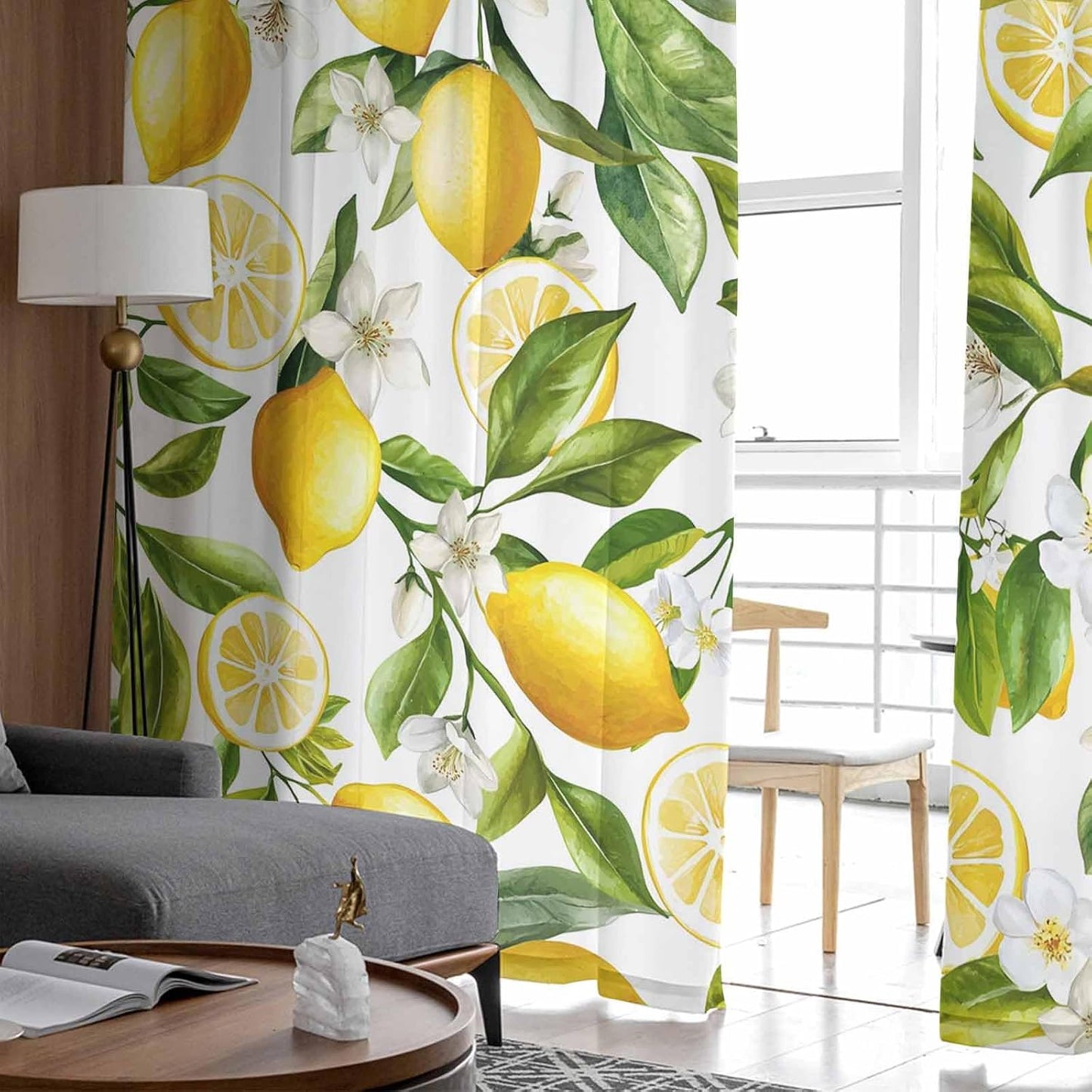 Lemon Sheer Curtains 72 Inch Length 2 Panels Set, Summer Garden Fruit Lemon Slice and Leaves Semi Transparent Voile Rod Pocket Curtains for Living Dining Room Bedroom Drapes