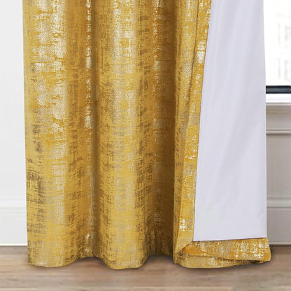 always4u 100% Blackout Soft Velvet Curtains for Bedroom Living Room Thermal Energy Saving 63 Inches Long Luxury Gold Foil Print Drapes 2 Panels Yellow