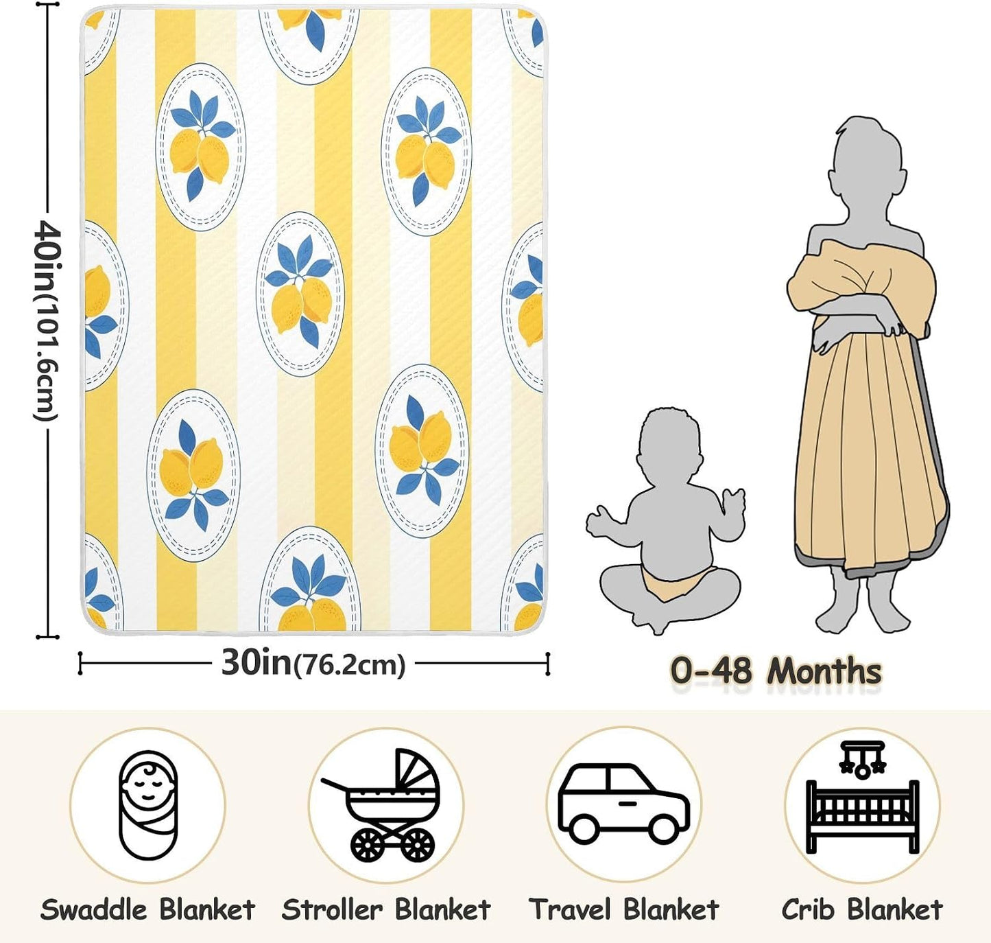 Lemon Yellow Stripe Baby Blanket 30"x40", Soft Cotton Toddler Blankets for Girls Boys with Warm Middle Layer, Lightweight Receiving Blanket for Newborn Crib Stroller