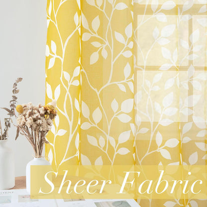 XTMYI Yellow Sheer Pattern Curtains for Living Room 84 Inches Long,Spring Decor Lightweight Leaf Floral Printed Curtains for Bedroom Dining Room 84 Inch Length 2 Panels Set,Mustard Yellow and White