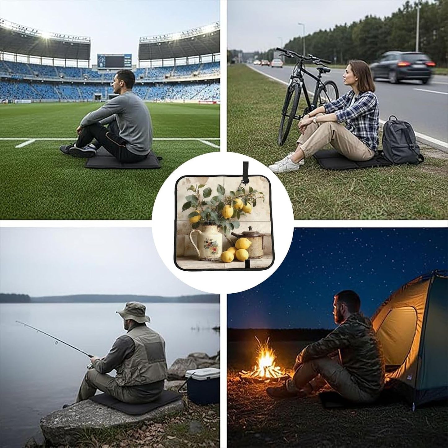 Seat Cushion Portable Camping Mat Lightweight Bleacher Sitting Pad Yellow Lemon Seat Mat with Hook Waterproof Stadium Chair Pad Travel Sitting Mats for Picnic Hiking