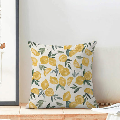Yellow Lemon Pillow Covers 18x18 Inch Set of 2 Summer Throw Pillows Outdoor Decorative Seasonal Spring Summer Yellow Lemon Green Leaves Pillowcases Linen Cushion Covers for Sofa Couch