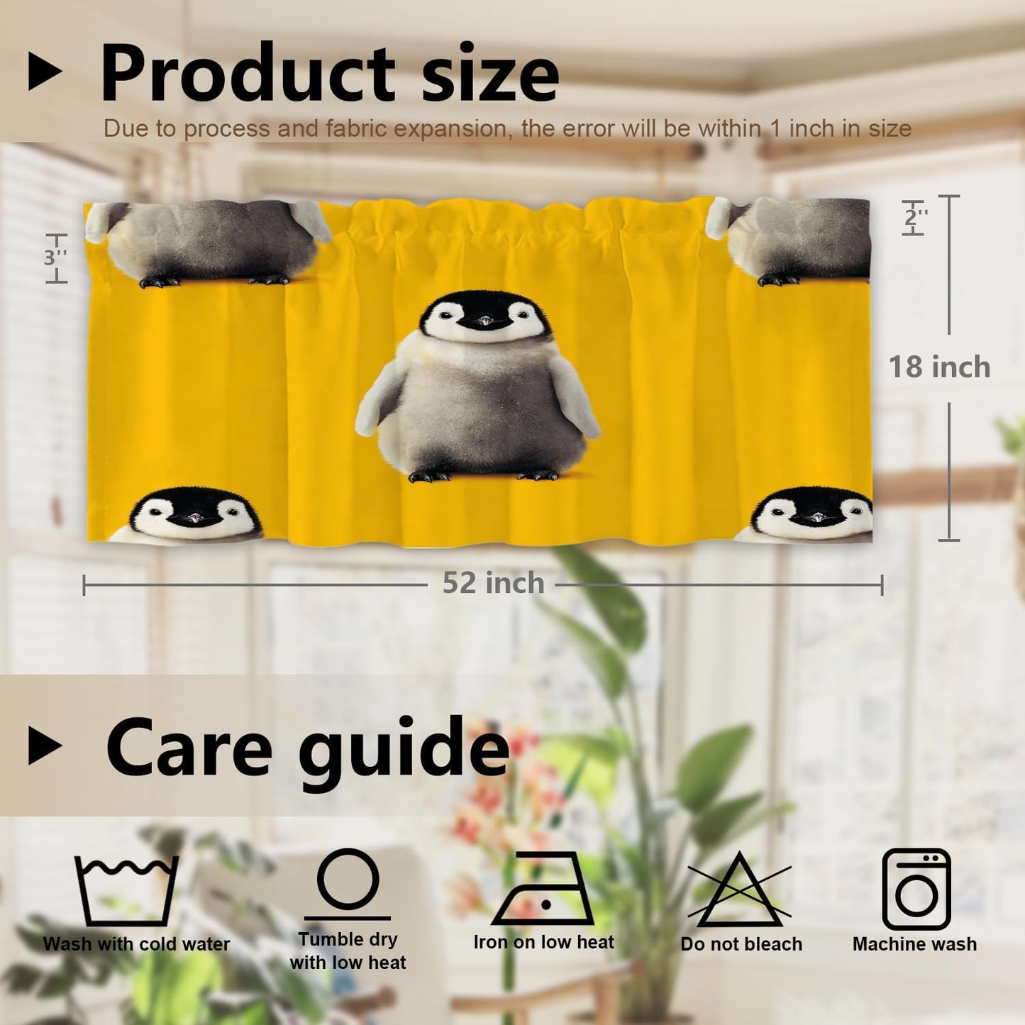 Cute Penguin Blackout Kitchen Curtain, Baby Penguins On Yellow Window Treatment Rod Pocket Light Filtering Bathroom Short Valance 1 Pack 52X18 Inches