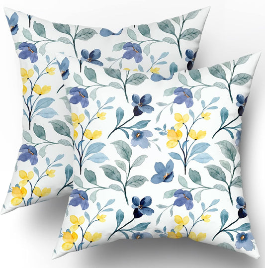 Sweetshow Yellow Blue Floral Throw Pillow Covers 18x18 Inch Watercolor Sage Green Leaves Decorative Pillow Case Soft Cotton Square Cushion Covers for Couch Sofa Bedroom Livingroom (Pack of 2)