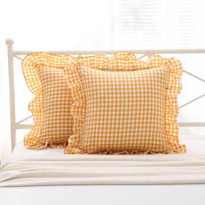 Mywinlle Yellow/White Plaid Ruffle Pillow Shams Throw Pillow Covers 20"x20", Checkered Washed Cotton Mustard Gingham Decorative Pillow Covers Shabby Pillowcases