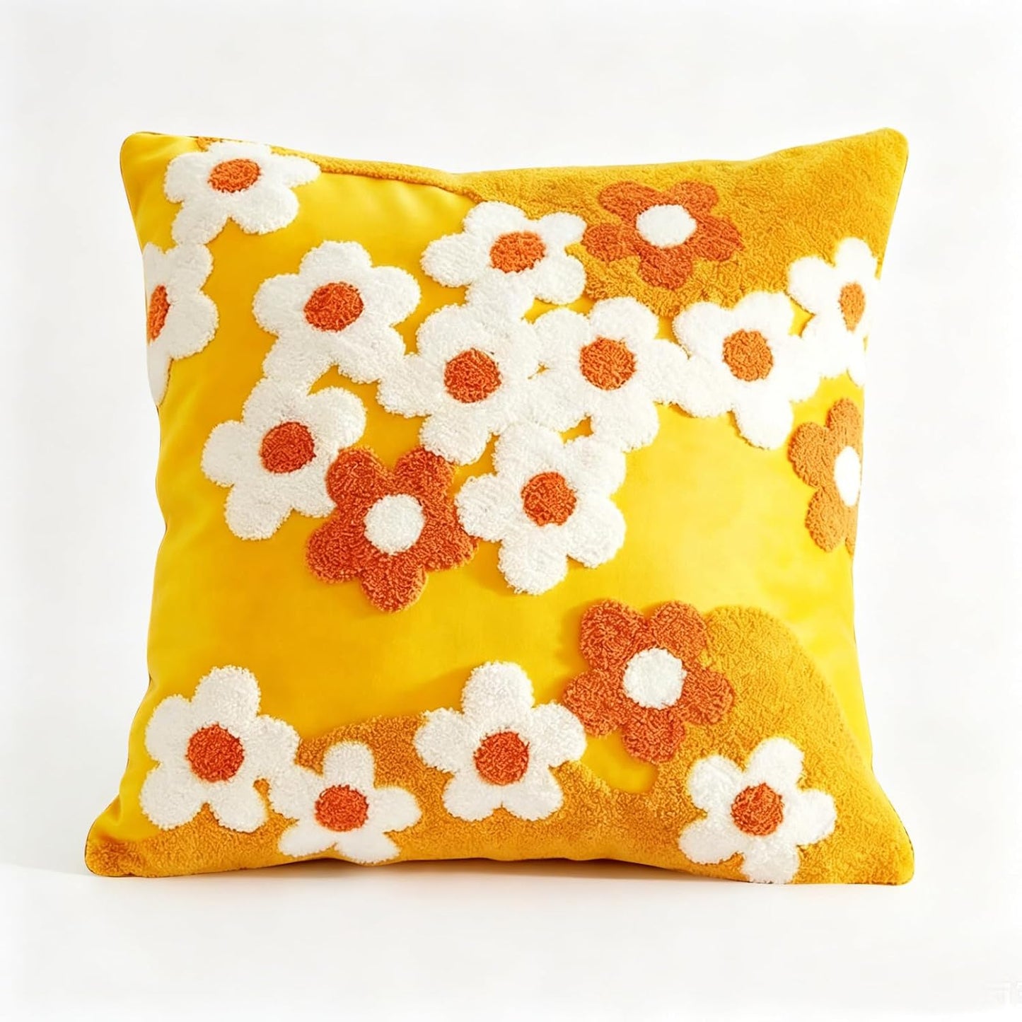 Tufted Yellow Flower Throw Pillow Cover 18x18in,Boho Floral Embroidered Pillow Cover,Summer Decorative Coushion Cover for Couch, Sofa, Bed, Living Room,Bedroom