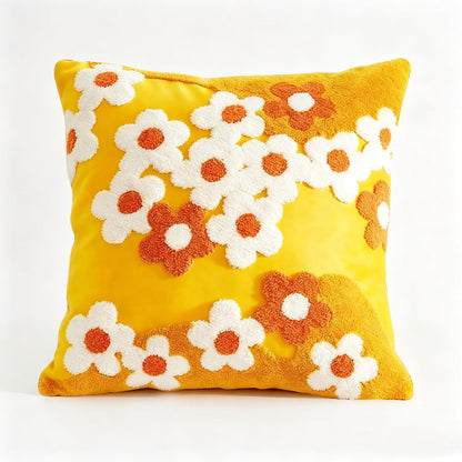 Tufted Yellow Flower Throw Pillow Cover 18x18in,Boho Floral Embroidered Pillow Cover,Summer Decorative Coushion Cover for Couch, Sofa, Bed, Living Room,Bedroom