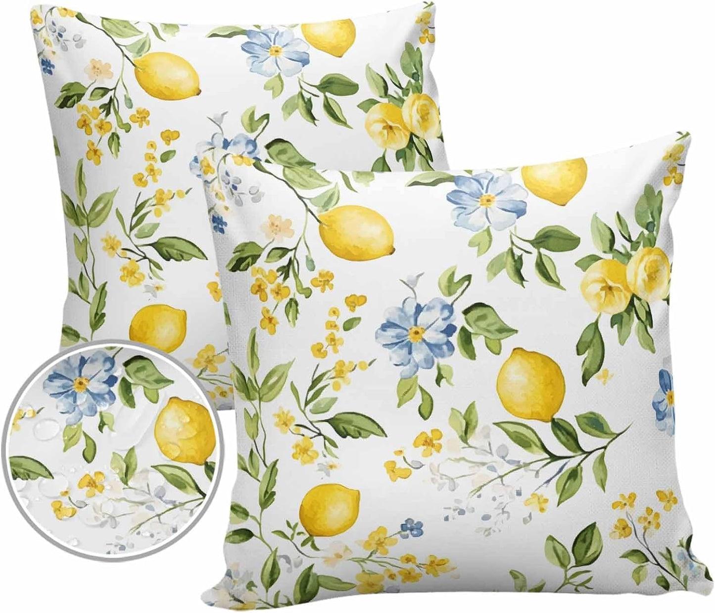 Lemon Outdoor Waterproof Pillow Covers Pack of 2, Summer Yellow Fruit Blue Flowers Leaves Farmhouse Decorative Throw Pillowcases Polyester Cushion Covers for Garden Patio Tent Sofa Couch, 16x16 inch