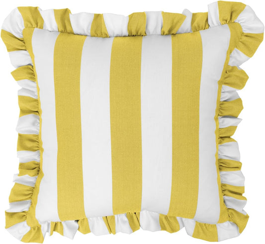 Sherry Kline Cabana Stripe Outdoor Throw Pillow Set of 2, 18x18 Inch Square Decorative Cushions with 2" Ruffle Trim, Reversible Indoor Patio Porch Pool Sofa Accent Pillows, Made in USA – Yellow/White