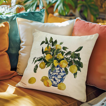 Fahrendom Italy Capri Lemon Decorative Throw Pillow Covers 18 x 18 Set of 4, Italian Amalfi Coast Citrus Blue and White Porcelain Pillowcase, Summer Mediterranean Sofa Couch Cushion Case Home Decor