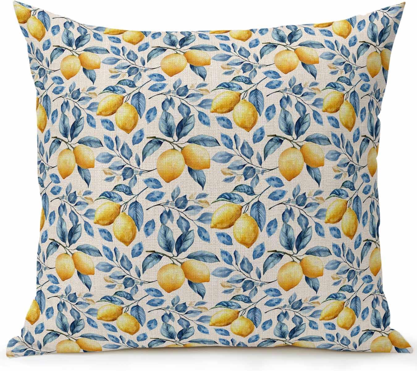1 Pack Outdoor Throw Pillow, Lemon Waterproof Pillow with Insert Included, Spring Summer Pastoral Fruit Leaf Branch Decorative Accent Cushion Sofa Pillows for Patio Porch, 18 x 18 in