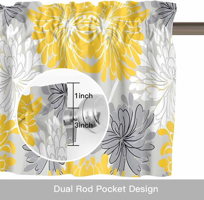 Savannan Window Valance Curtain, Abstract Flowers on Gray Rod Pocket Short Curtain Valances for Kitchen Bedroom Living Room Cafe 1 Panel 42x18in Watercolor Yellow White Flowers