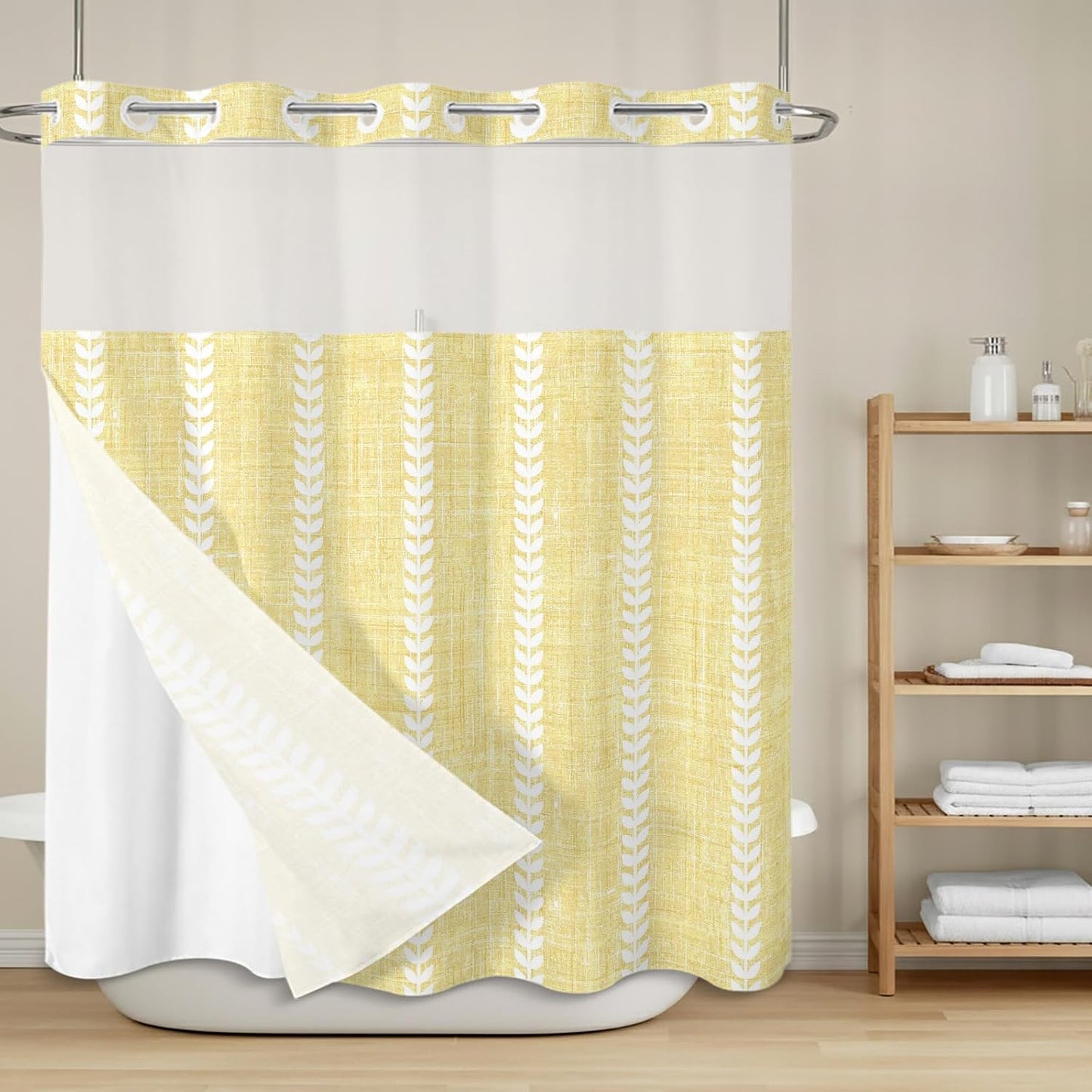 Light Yellow Linen Shower Curtains Set Modern Farmhouse Vertical Lines No Hook Shower Curtains with Snap in Liner 72" x 78" Waterproof Fabric See Through Top Sheer Window for Bathroom Shower Room