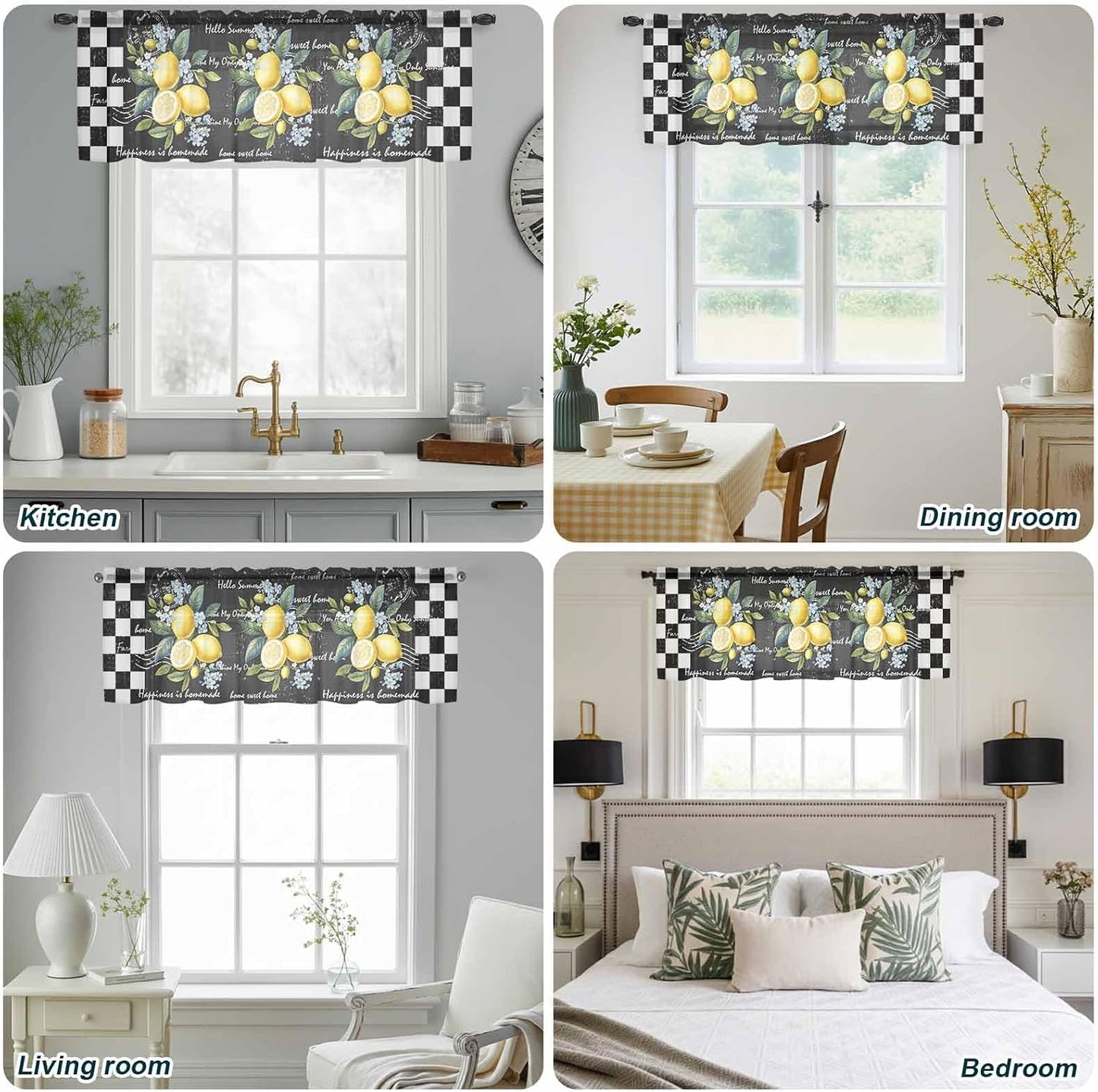 Summer Lemon Sheer Curtain 18 Inch Long Farm Plant Floral Leaf Black White Plaid Retro Light Filtering Rod Pocket Voile Curtain Valance for Bedroom Kitchen Cafe Window 54" W x 18" L