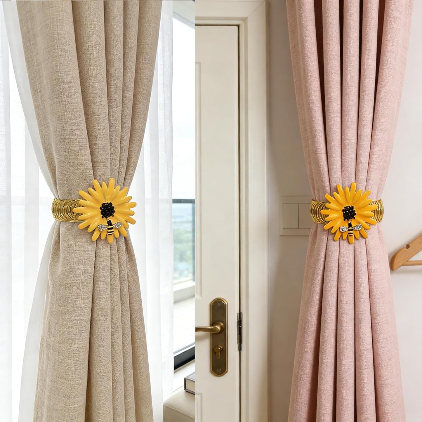 Sunflower Curtain Tiebacks 2 Pack Yellow Bee Daisy Curtain Holdbacks,No Drill Curtain Ties & Auto-Closing Spring Wire,Boho Curtain Tie Backs for Farmhouse Kitchen Living Room Bedroom Decor