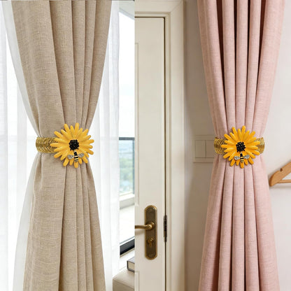 Sunflower Curtain Tiebacks 2 Pack Yellow Bee Daisy Curtain Holdbacks,No Drill Curtain Ties & Auto-Closing Spring Wire,Boho Curtain Tie Backs for Farmhouse Kitchen Living Room Bedroom Decor